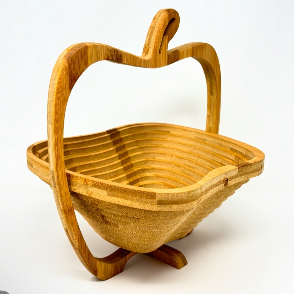Hand Carved Wooden Apple Shaped Fruit Basket Collapsible Vintage Cottagecore